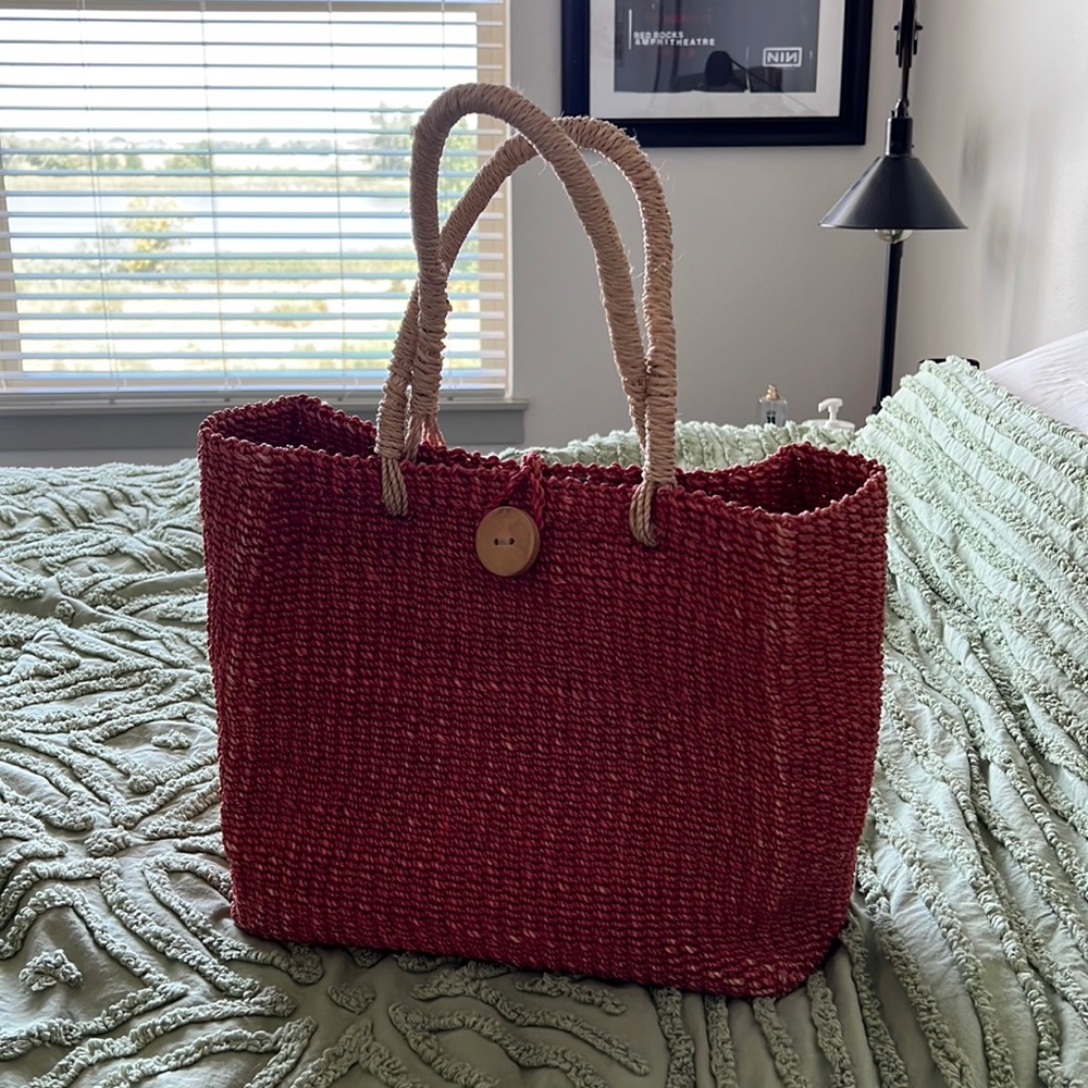 Vintage Straw Tote Bag Faded Red